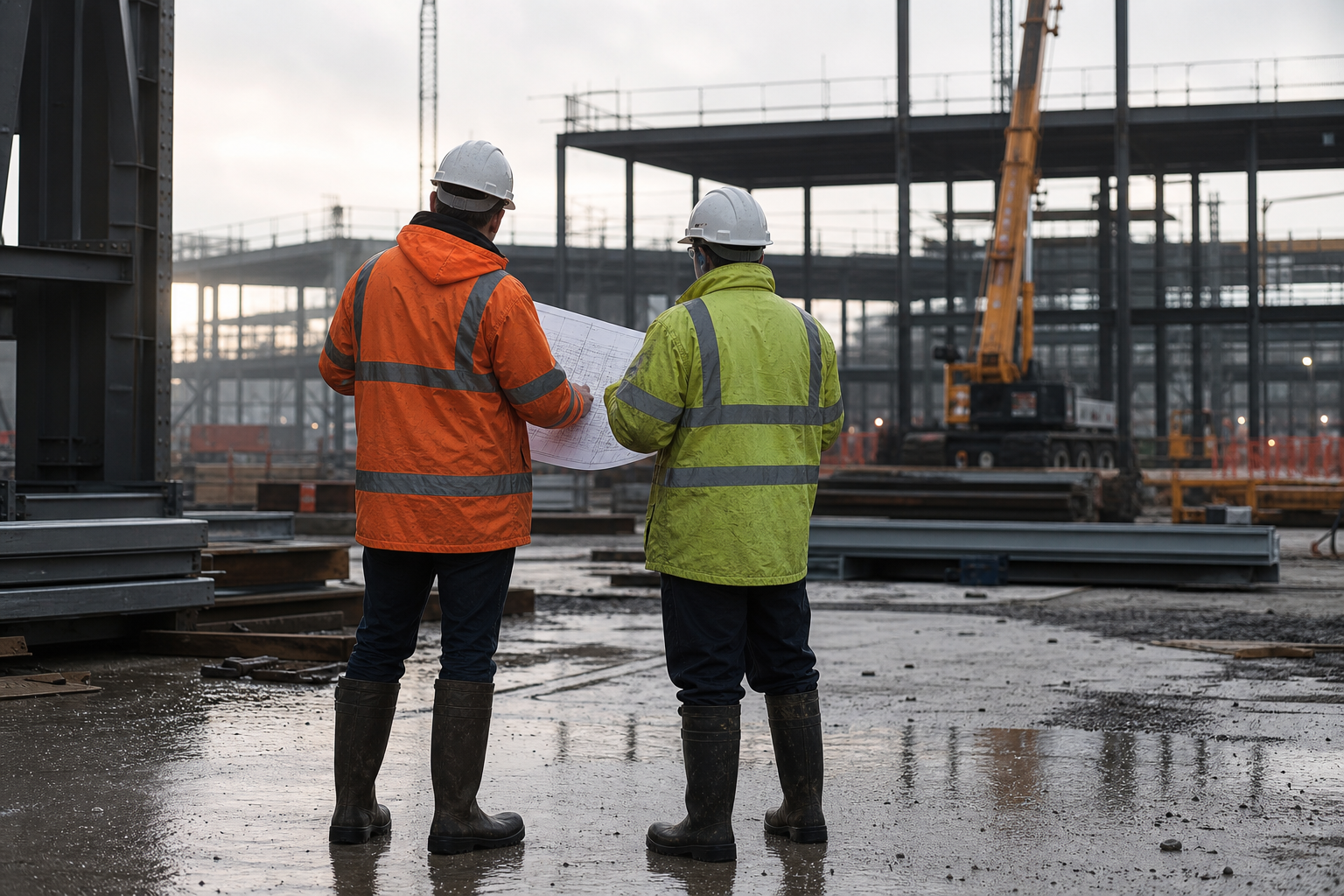 Two construction professionals reviewing a programme at a wet industrial site.