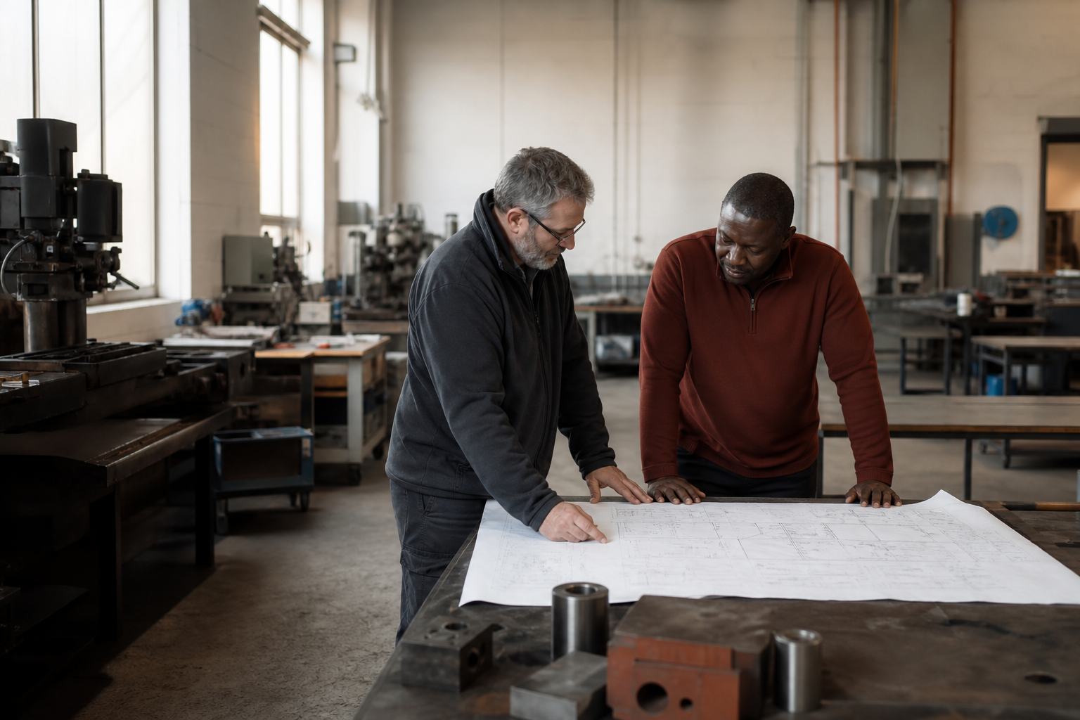 Two manufacturing leaders reviewing a technical plan in a workshop.