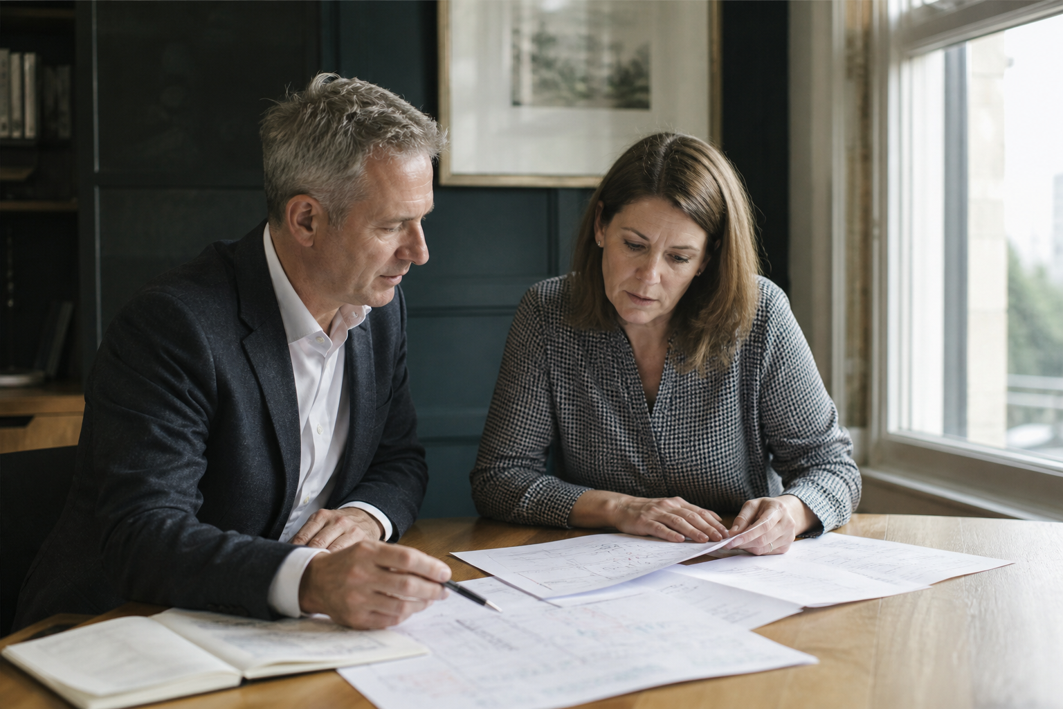 Two professional-services leaders reviewing project documents together.